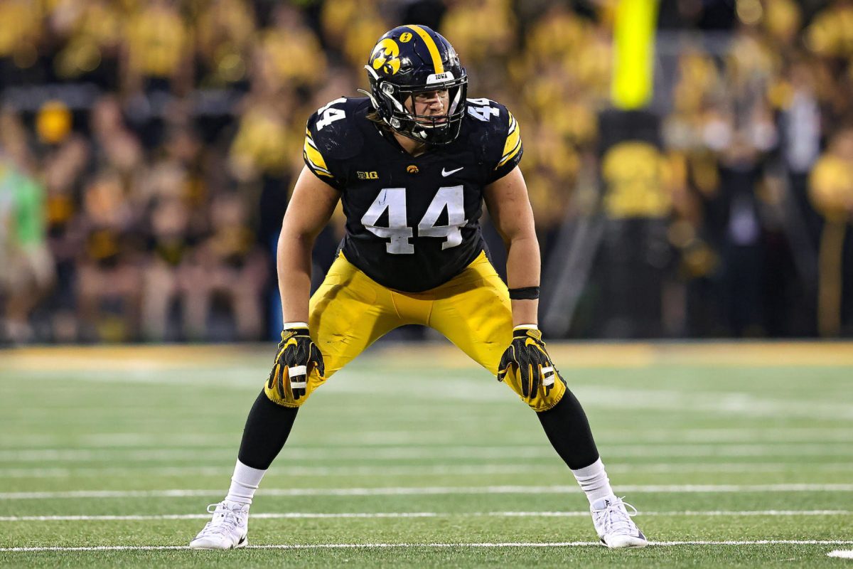 <p>Iowa Hawkeyes linebacker Seth Benson (44) during the fourth quarter of their game at Kinnick Stadium in Iowa City, Oct. 9, 2021.</p>