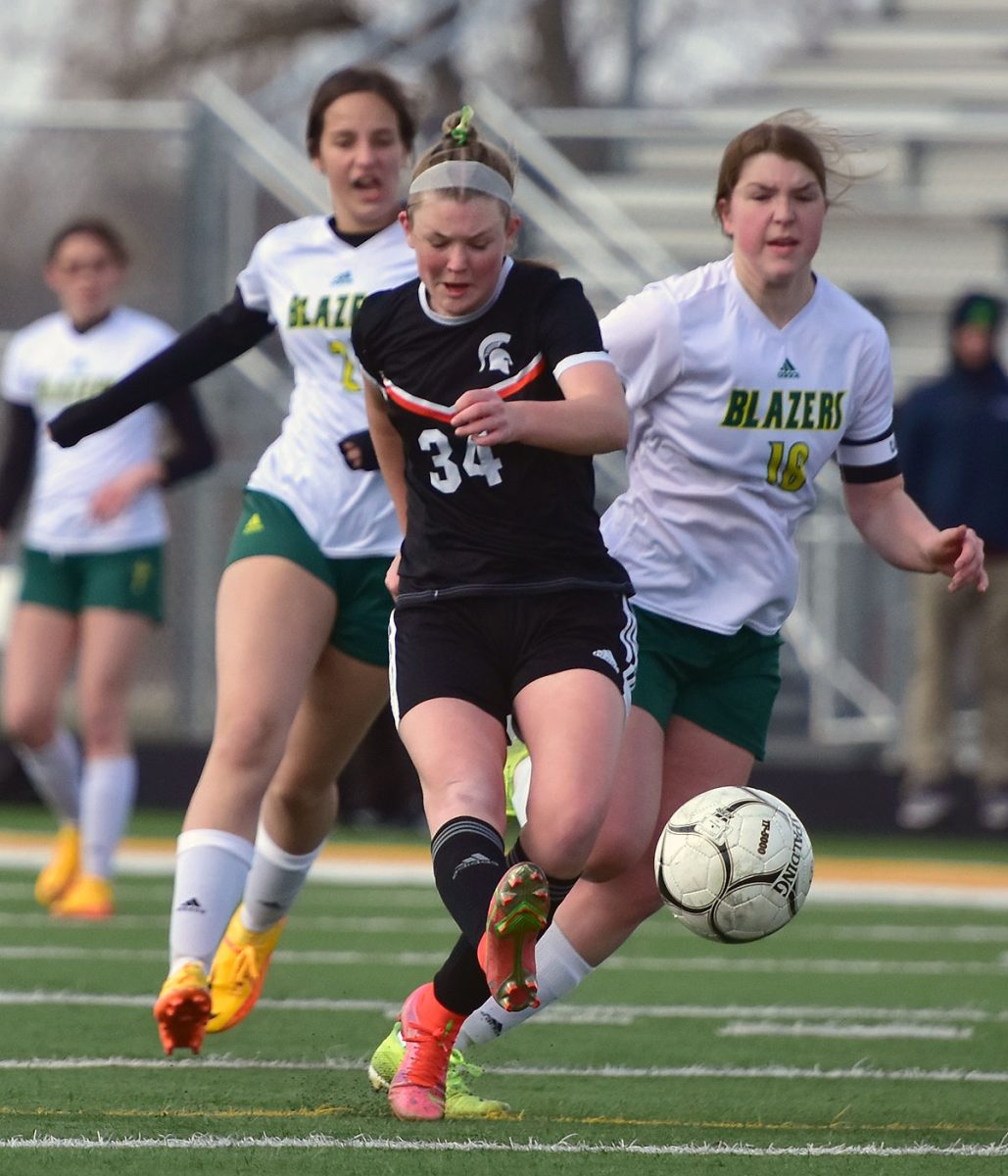 <p>Morgan Link scores Solon’s only goal in a 1-0 win at home against Beckman Catholic Thursday, April 14. The Lady Spartans improved to 5-1 on the season.</p>