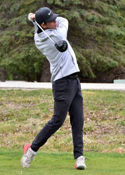 Frank Haege Jr tees off to start a dual meet against Maquoketa Tuesday, April 12 at the Lake MacBride Golf Course.