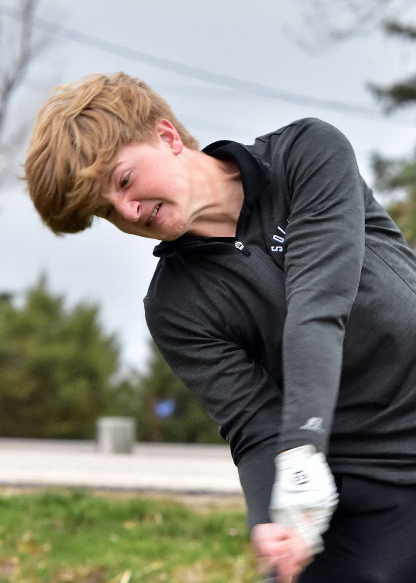 <p>Brennan Heesch tees off to start a dual meet against Maquoketa Tuesday, April 12 at the Lake MacBride Golf Course.</p>