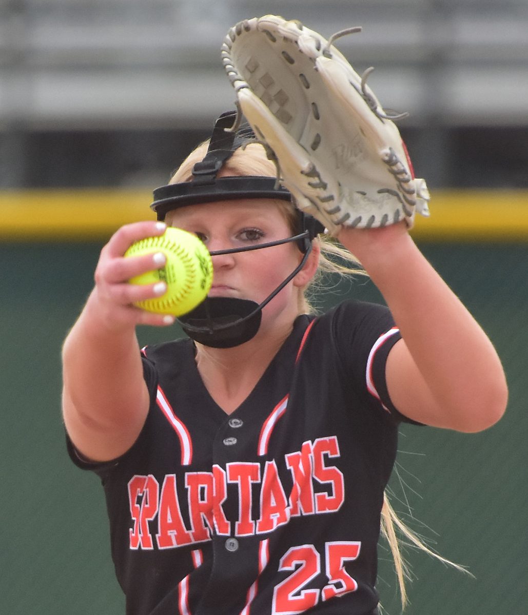 <p>Kendall Jensen delivers a pitch Tuesday, May 17 during a scrimmage against Liberty High at home.</p>