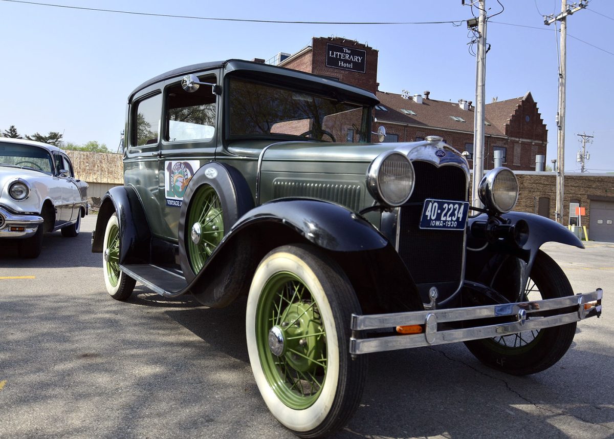 Kevin Szcodronski&#8217;s 1930 Model A Ford sits in the parking lot at Mushroom Park Wednesday, May 11 before setting out on a tour of Lake Macbride State Park. Szcodronski is the former director of Iowa&#8217;s state parks and is touring them all in his vintage car.