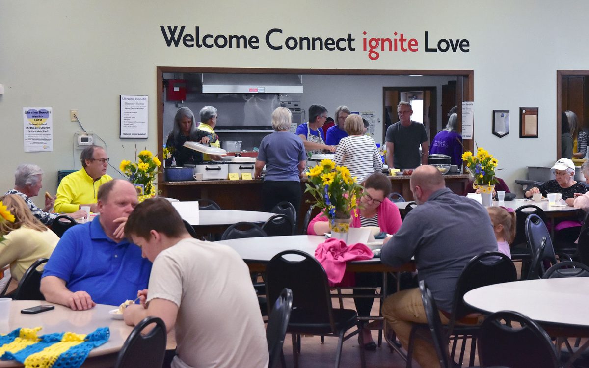 Members of the community gathered in the Solon Methodist Church&#8217;s Fellowship Hall Wednesday, May 4 for a dinner benefiting humanitarian relief efforts for victims of the Russian invasion of Ukraine.