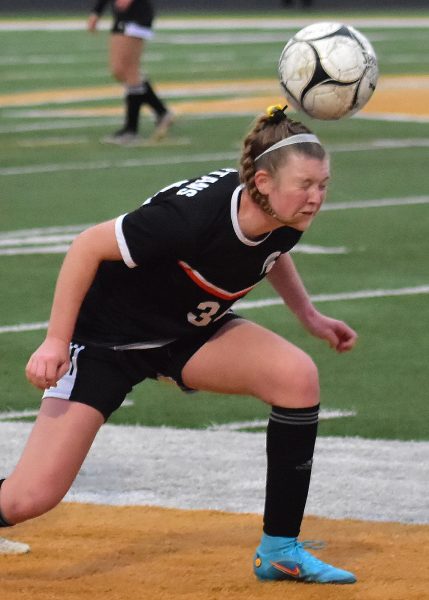 Morgan Link heads the ball Tuesday, May 3 in Solon. The Lady Spartans fell 2-1 to the Stormin’ Pointers.