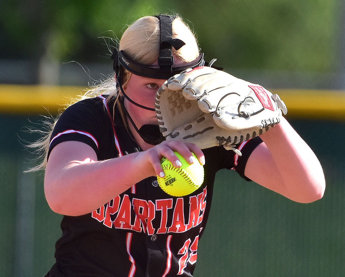 <p>Kendall Jensen delivers a pitch Tuesday, May 31 in the top of the first inning of what was scheduled to be a varsity doubleheader against Benton Community. A gas leak led to suspension of the game to a later date.</p>