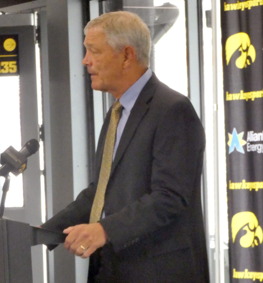 Head Coach Kirk Ferentz speaks during Media Day for Iowa Hawkeye football Friday, August 12.