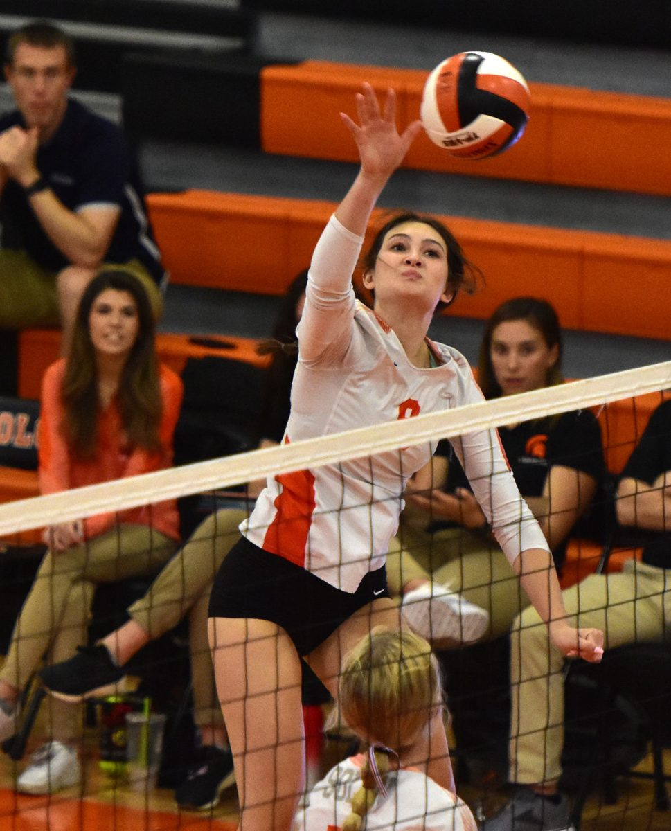 <p>Delaney Bombei puts up one of her team high ten kills against Williamsburg. The Lady Spartans swept the Raiders 3-0.</p>