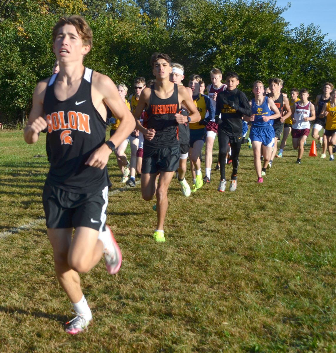 Solon frontrunner Brick Kabela moves up in the pack at the North Linn Invitational earlier this month. Kabela and his teammates this week tackled their state qualifying meet, which was held October 29 in Fort Dodge.