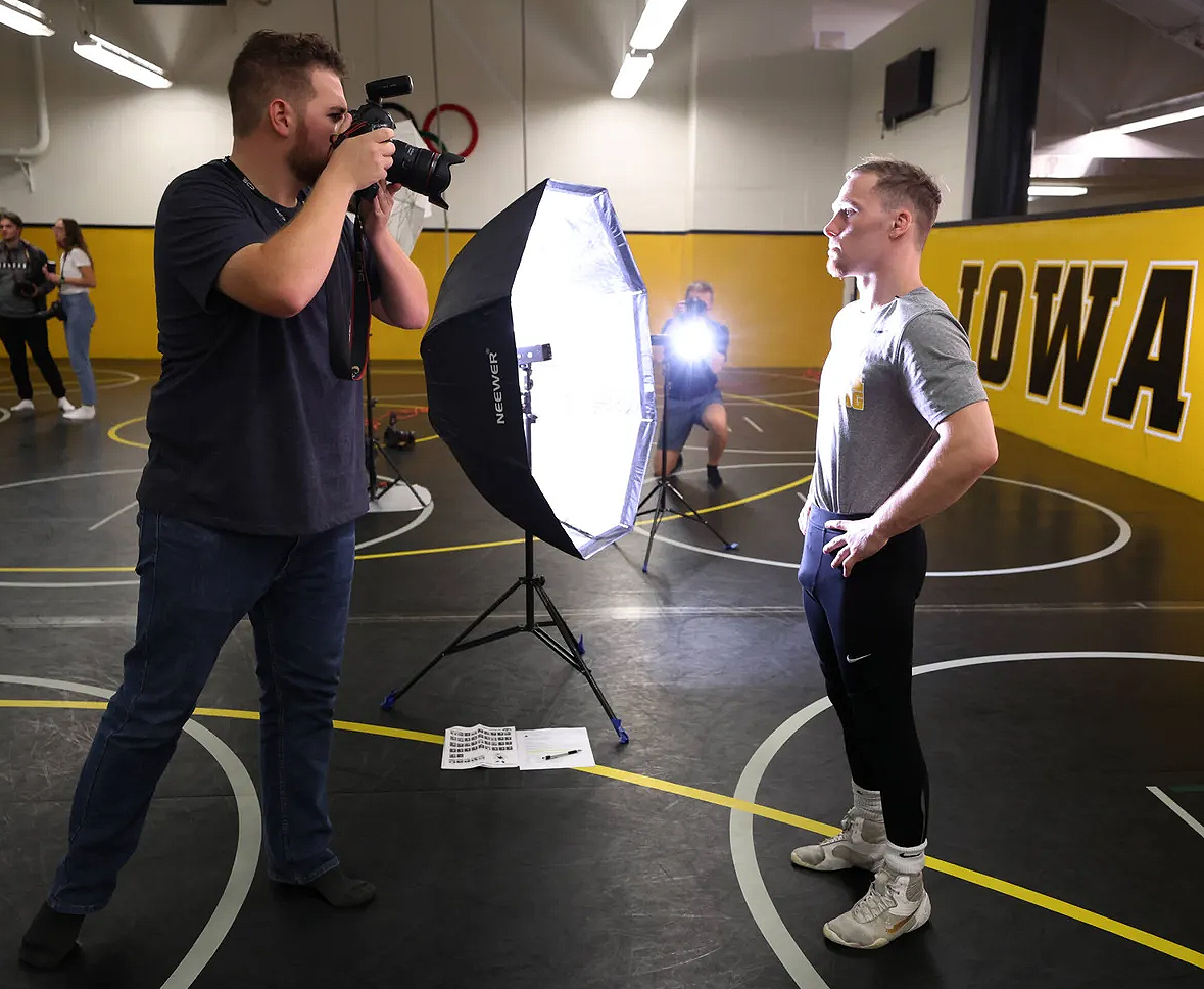 Spencer Lee poses for a photo during the team&#8217;s annual media day Thursday, October 27 at Carver-Hawkeye Arena.