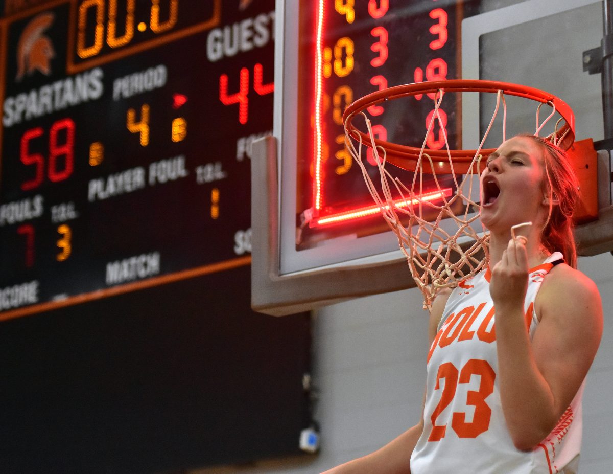 <p>Callie Levin lets out a victory yell after cutting a strand off the net in celebration of a 58-44 Class 3A Region 2 Final win over Mount Vernon Saturday, Feb. 18.</p>