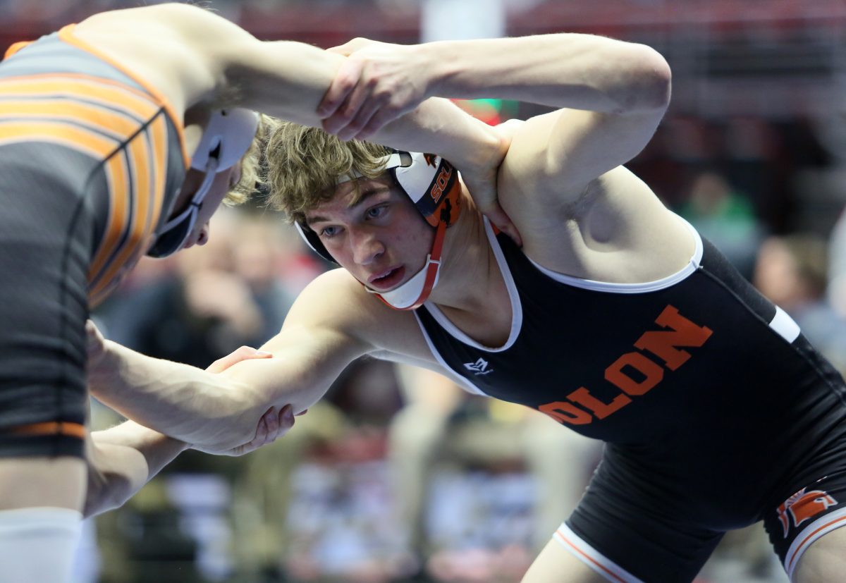 <p>Jordan Schmidt battles Sergeant Bluff-Luton’s Bo Koedam in the fifth consolation round at the 2023 State Wrestling Championships at Wells Fargo Arena in Des Moines. Koedam pinned Schmidt in the first tiebreaker (overtime) period in 7:58. Schmidt went on to win a seventh-place medal at 132 pounds.</p>