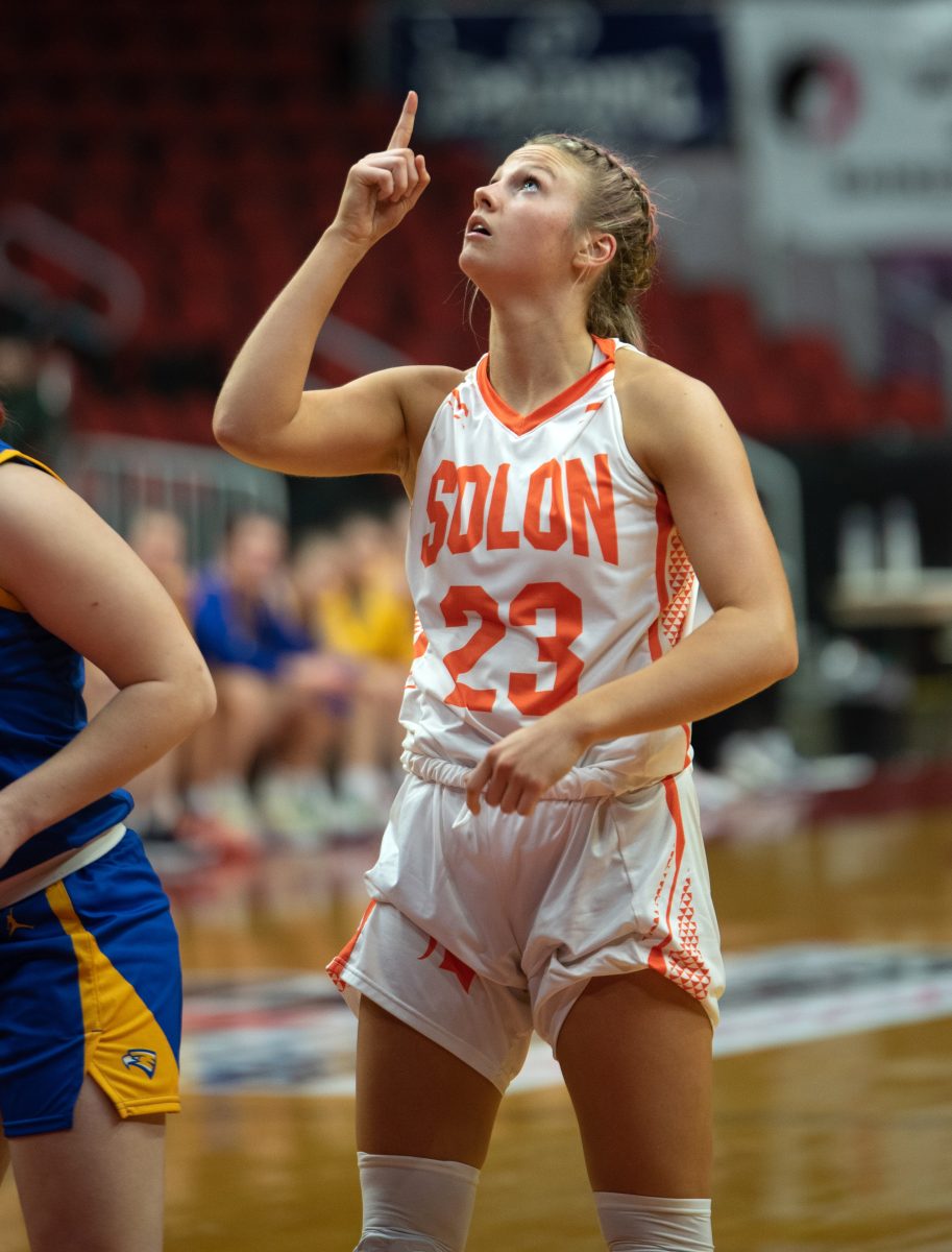 Callie Levin celebrates a three-point basket Monday, Feb. 27 during a Class 3A State Tournament Quarterfinals game at Wells Fargo Arena in Des Moines. Solon defeated the Golden Eagles 54-46 with 19 points from Levin including three three-pointers.