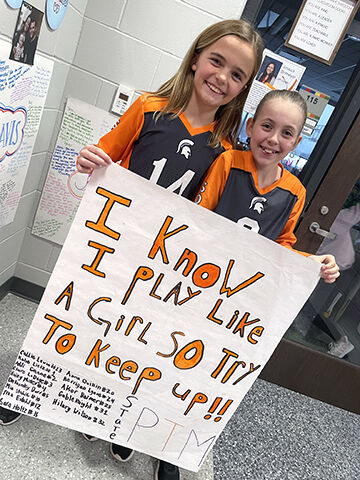 Brinley Janssen and Kendall Henning show their Spartan Spirit. Students from the Solon schools turned out to show their support for the varsity girls as they headed to Des Moines and their first Class 3A Girls State Basketball Tournament appearance since 2006 Monday, Feb. 27.