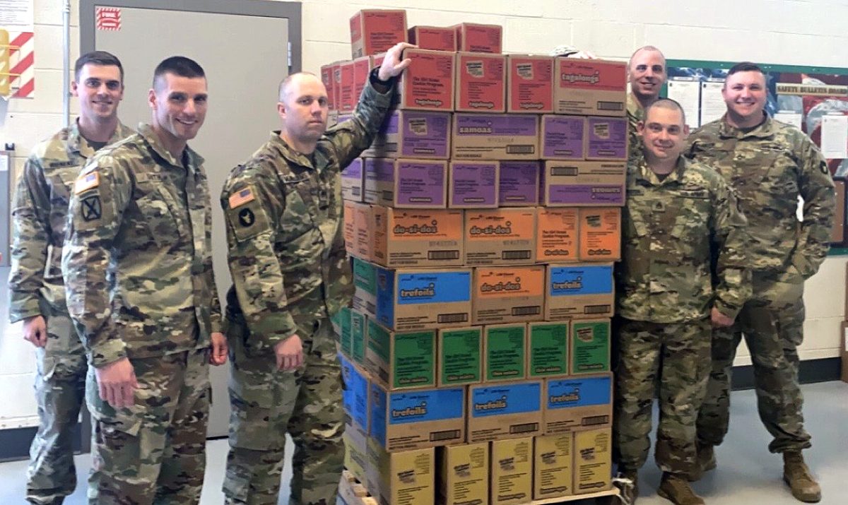 Cpt. Smith, SSG McWilliams, SSG Harrington, SFC Corell, and SSG Glew accepting Girl Scout Cookie donations at Iowa&#8217;s Bravest Armory in Waterloo, Iowa. In 2022, Girl Scouts of Eastern Iowa and Western Illinois donated 26,000 packages of cookies directly to military personnel and local essential workers through organizations like Iowa&#8217;s Bravest and Soldiers&#8217; Angels.