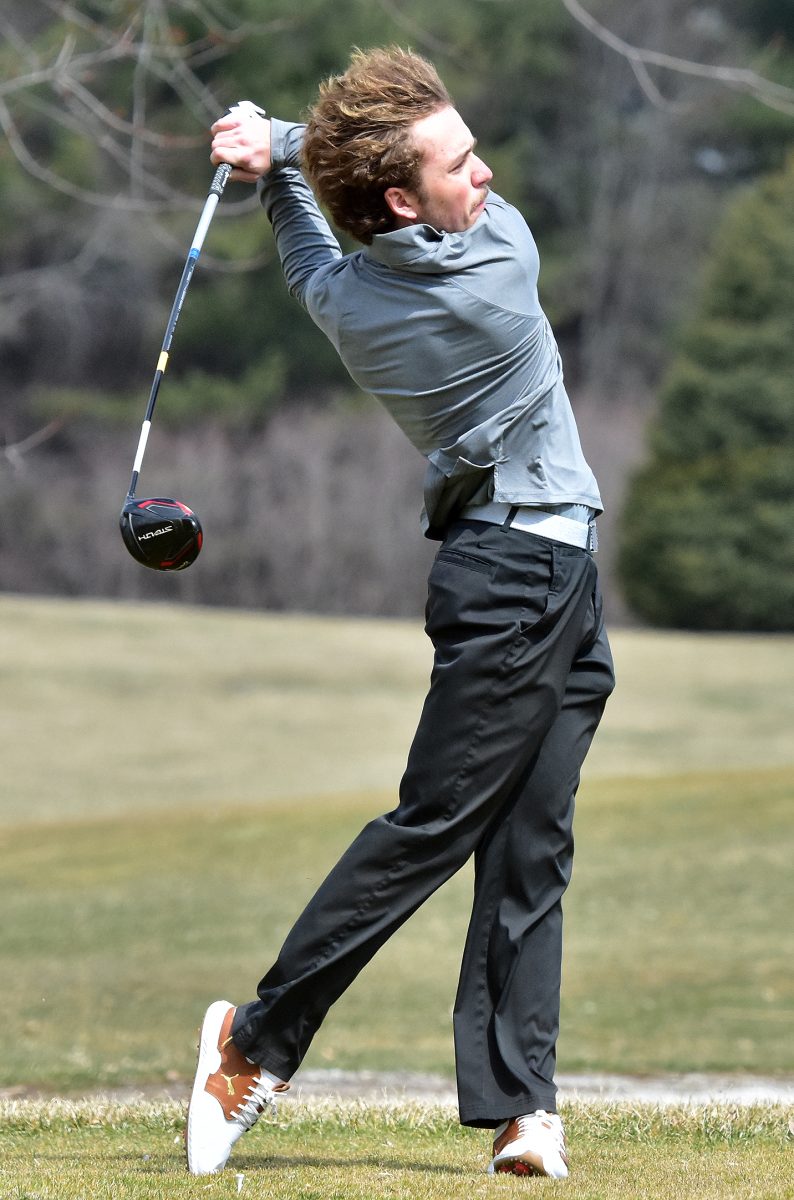 <p>Sean Stahle tees off in the season opening Solon Invitational Thursday, March 30 at Lake MacBride Golf Course. Stahle, a senior, is new to the squad this season and shot 87 through the 18-hole course.</p>