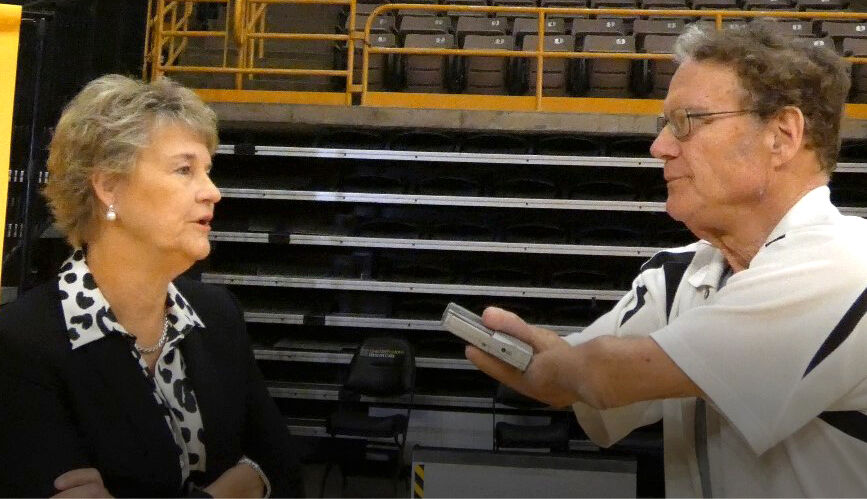 Don Lund interviews Hawkeye Women&#8217;s Basketball Coach Lisa Bluder during the October 2022 Media Day event. Lund passed away last week.