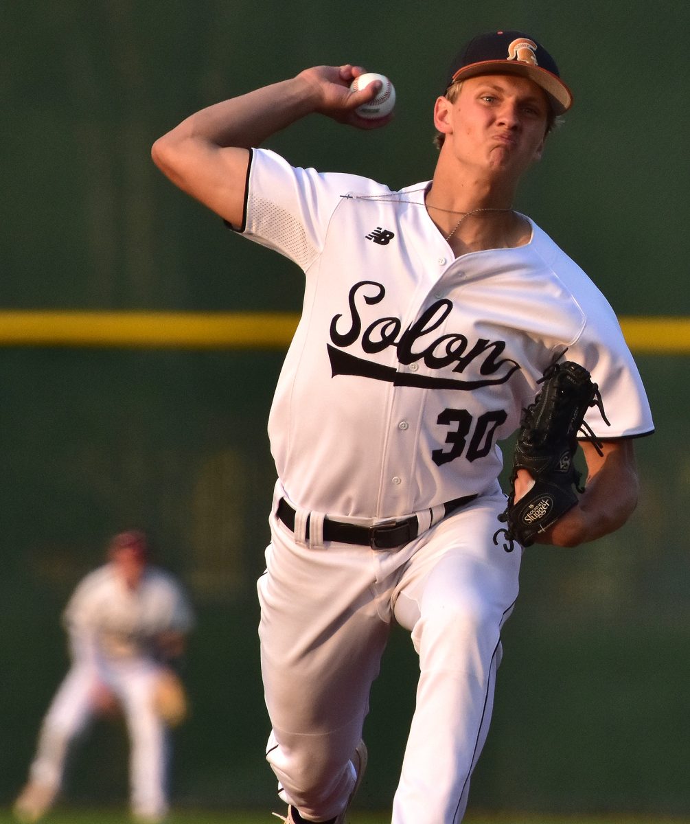 Tyler Bell delivers a pitch Tuesday, May 16 at home against Muscatine. The Muskies beat the Spartans 5-3.