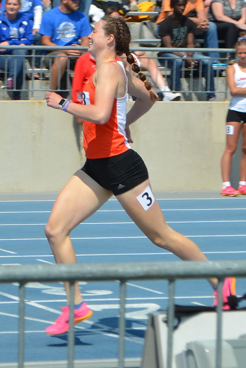 Gracie Federspiel crosses the finish line to win the girls 3A 800 meters at the 2023 State Meet.