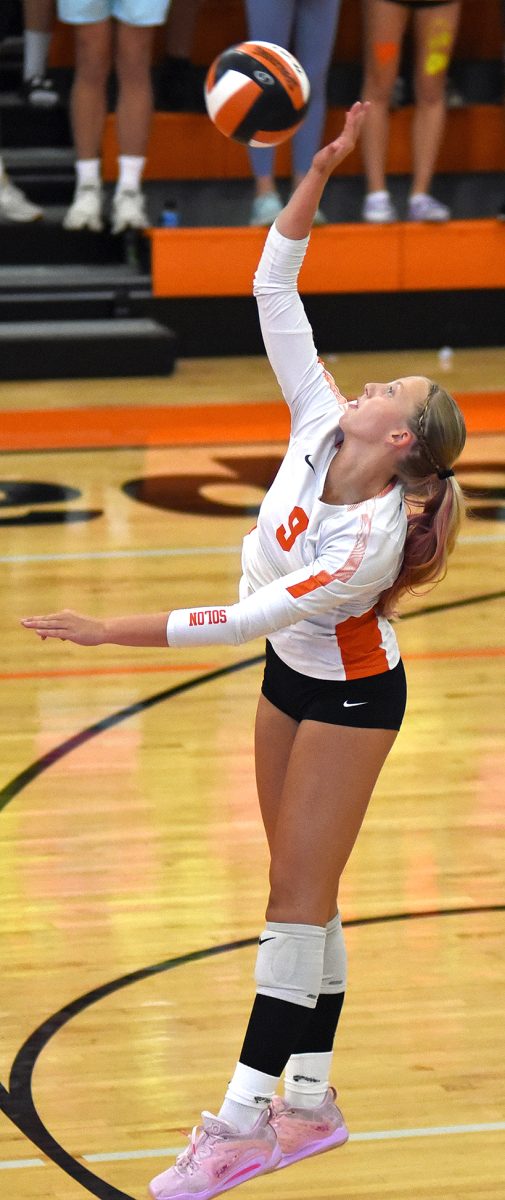 Yasmine Sell (9) attempts one of her team high ten kills against Center Point-Urbana Tuesday, Sept. 12.