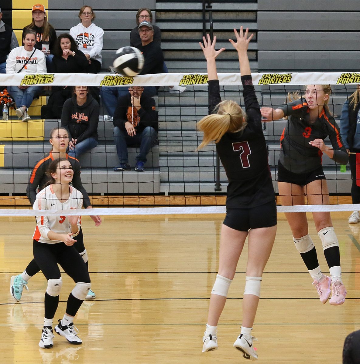 <p>Yasmine Sell (9) makes a kill attempt Saturday, October 7 at Center Point-Urbana in tourney action against Waterloo West.</p>