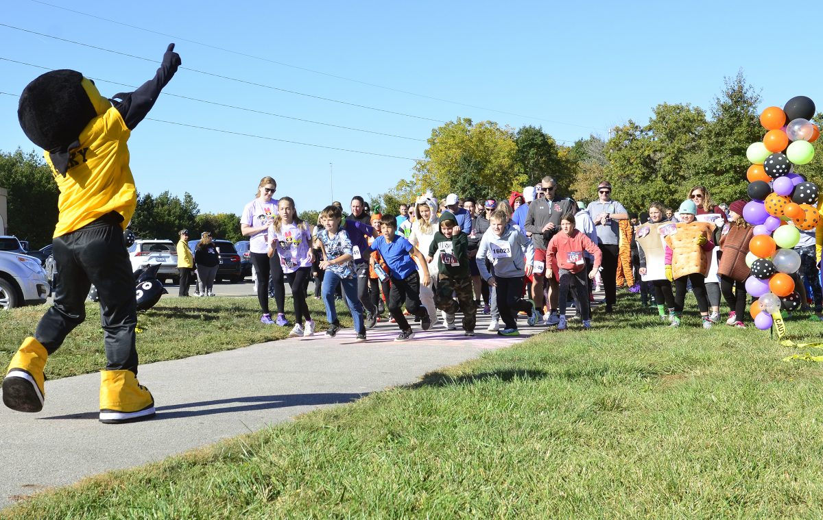 <p>Herky the Hawk helped countdown to the start of the first Bone Dash 5k and Monster Mile event last year at the SRNA. The event, a fundraiser for the Joining Hands Support Group for pediatric rheumatology patients at the University of Iowa’s Stead Family Children’s Hospital, returns to the SRNA Saturday morning.</p>