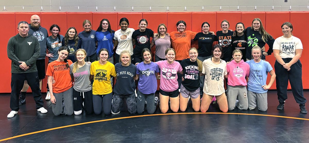 The Lady Spartans wrestling team poses for a group photo during a recent practice. Their season, the second as an IGHSAU-sanctioned sport, started Monday (Nov. 13) with a JV tournament and with the South Tama tournament Thursday (Nov. 16).