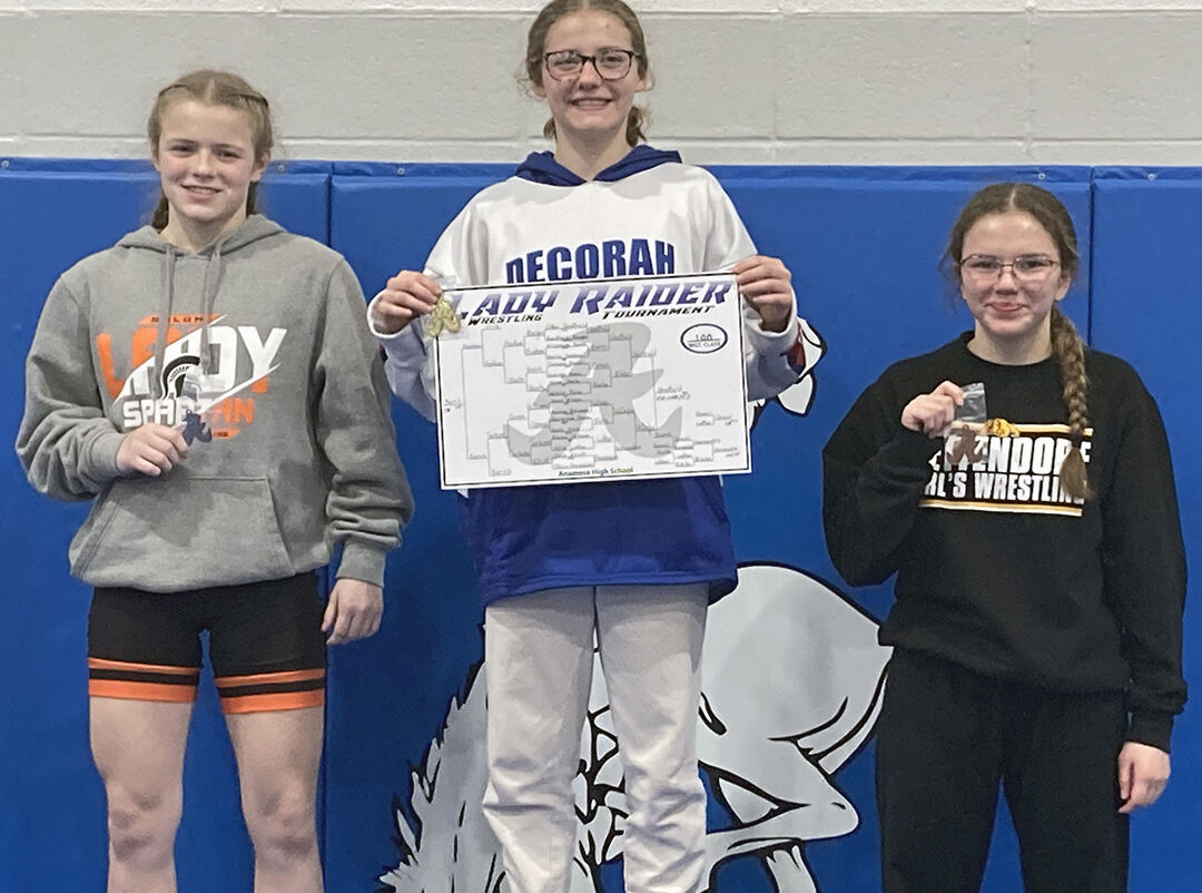 Kara VeDepo (at left) took second place at 100 pounds Saturday in Anamosa’s Girls Tournament.