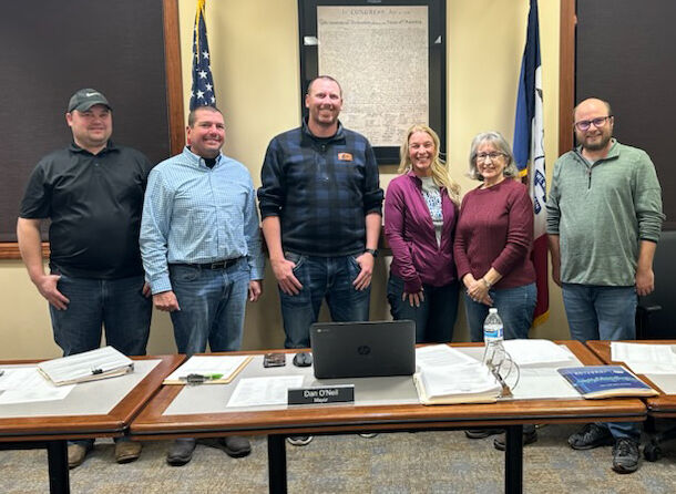 (From left) Councilmen Andrew Kramer and John Farlinger with Mayor Dan O’Neil and Councilman Cole Gabriel stand with Tish Young and Marilyn Muhle from Chains Interrupted after O’Neil’s signing of a proclamation declaring January as Human Trafficking Prevention and Awareness Month.