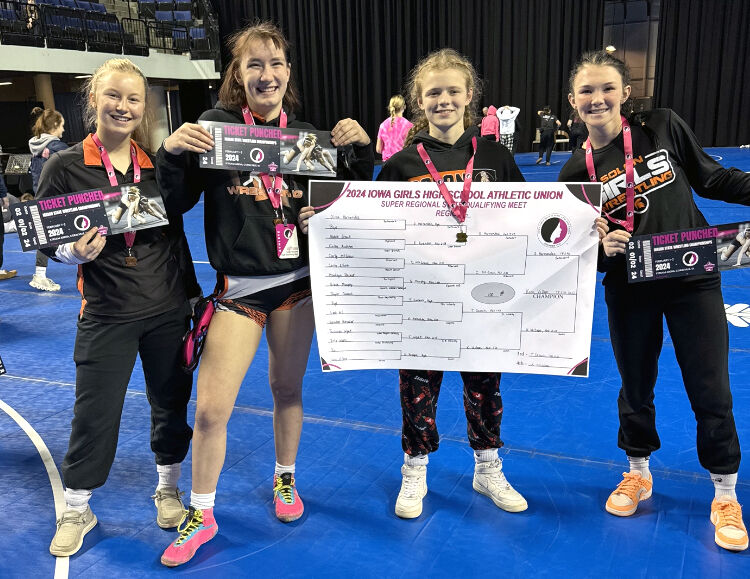 (From left) Alannah Mahoney, Olivia Bonnema, Kara VeDepo, and McKenna Rogers qualified for the 2024 Girls State Wrestling Tournament at the Region 6 Super Regional Friday at the Alliant Energy PowerHouse in Cedar Rapids.