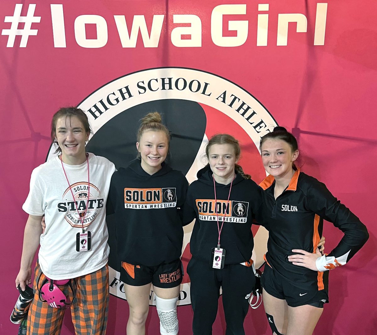 <p>From left - Olivia Bonnema, Alannah Mahoney, Kara VeDepo, and McKenna Rogers competed in the 2024 Girls State Wrestling Tournament last week at the Xtream Arena in Coralville.</p>