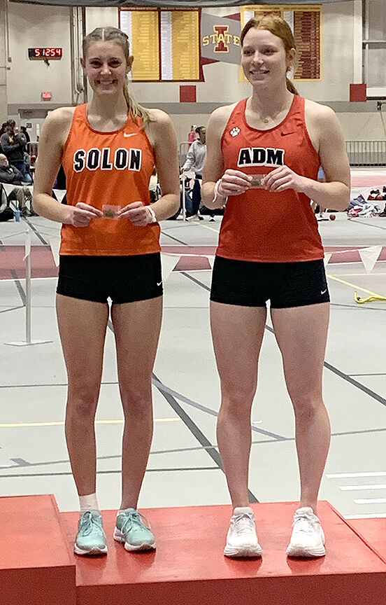 Lilly Towne and ADM’s Madelyn Roundcount tied for 5th place tie in the high jump last Thursday in the IATC State Indoor Championships held on the ISU campus in Ames.