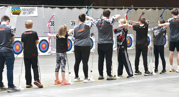 The Richard O. Jacobson Exhibition Center and the 4-H Building at the Iowa State Fairgrounds in Des Moines hosted an estimated 2,300 student archers from across the state (including Solon&#8217;s archery team, shown here) March 1-3 as part of the 18th National Archery in the Schools Program (NASP) State Tournament. This is the largest youth archery tournament in Iowa.