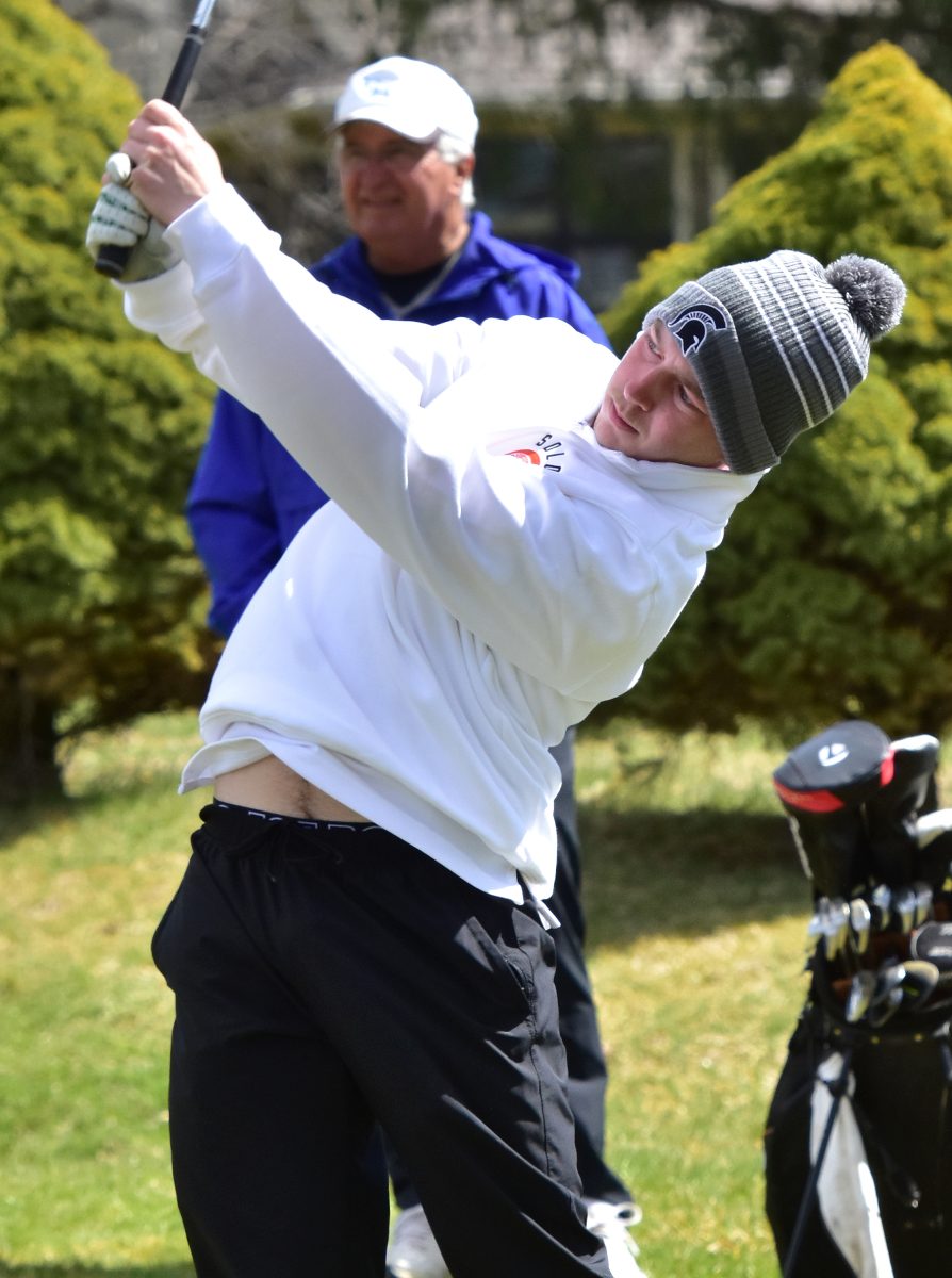 Jack Irwin tees off during the Solon Invitational Friday, April 5 at Lake MacBride Golf Course.