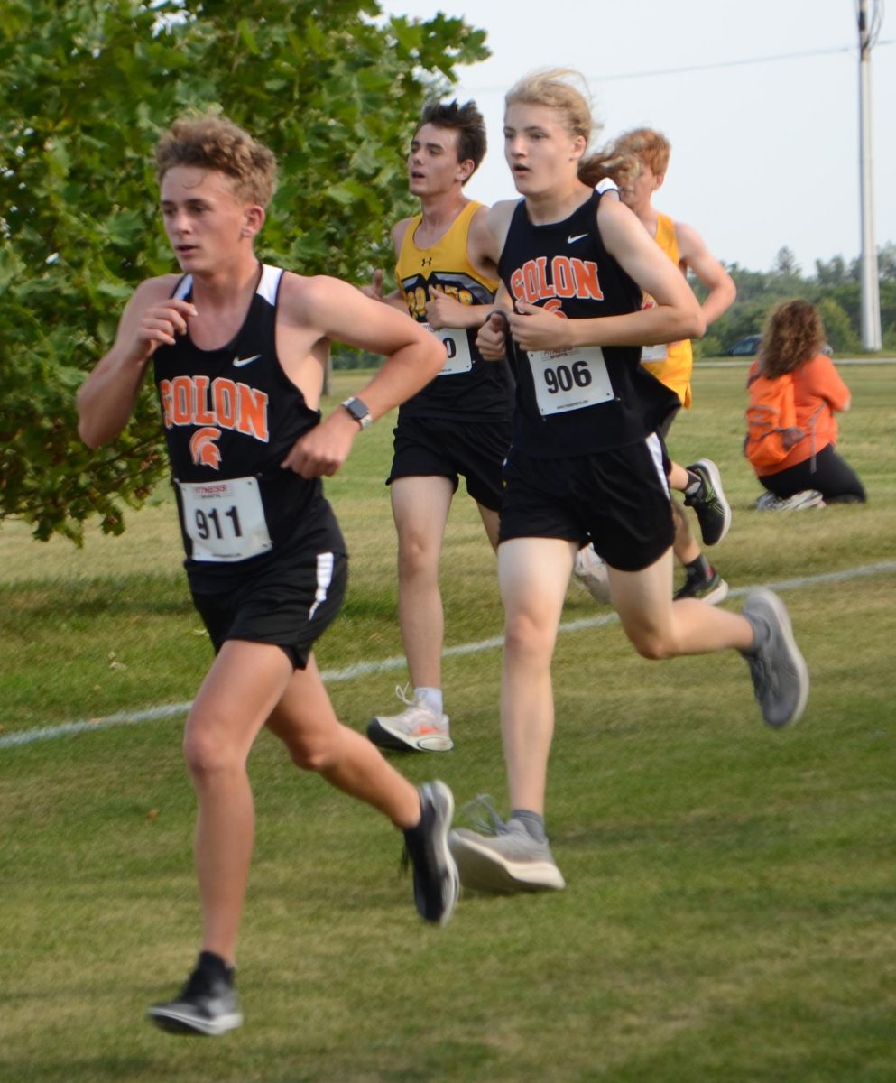 Deacon Waddell (911) and Preston Raasch make the turn Thursday, September 12, as Solon runs in the
Gilbert Invitational on the Iowa State University course in Ames. Nearly 200 runners were in the boys race with Solon finishing 12th in the 19 team meet.