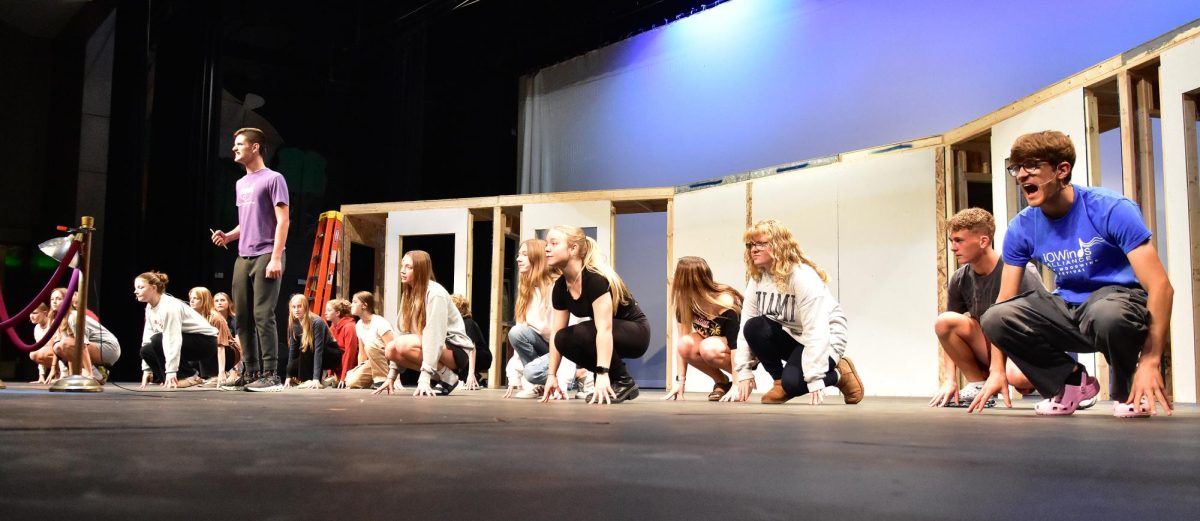 The cast of “The Lightning Thief” rehearses a scene. The fall musical, presented by the Solon High School Drama Department, takes the stage this weekend for two shows Saturday, Nov. 2 and one Sunday, Nov. 3 and stars Brady Evers (standing) as Percy Jackson.