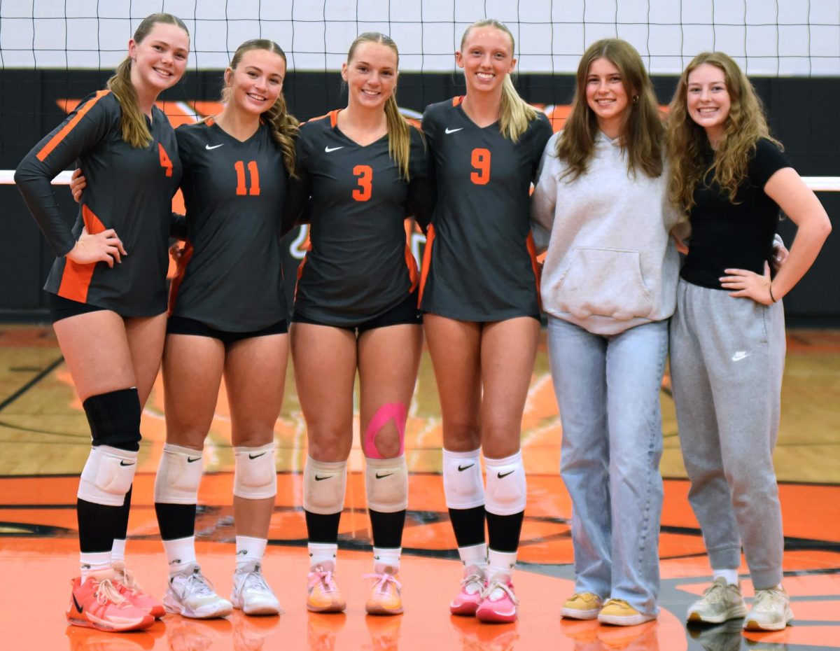  (From left) Seniors Grace Erwin (4), Izzy Frees (11), Addie Miller (3), Yasmine Sell (9), Elena Swan, and Lauryn Wear were recognized and honored last Tuesday on Senior Night.