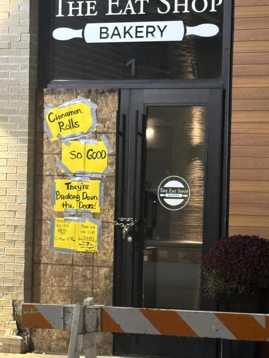 The front of The Eat Shop was boarded up Tuesday evening after a vehicle jumped the curb and struck it.
Photo by Trevor McGill and provided to the Economist my Tim Brown.