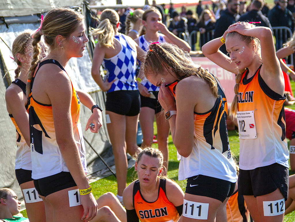 Emotions begin to show for the Lady Spartans after finishing the 5k. They placed fourth place at the State Meet Friday, Nov. 1 in Fort Dodge.