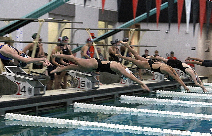 Senior Grace Hoeper dives into the pool during the Iowa Girls High School Athletic Union State Qualifiers competition at Linn Mar High School on Nov. 9, 2024. Hoeper is a student at Solon High School but swims with Iowa City’s City High School.