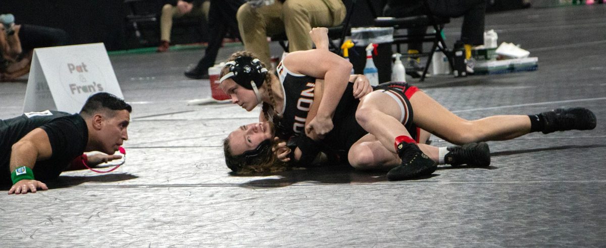 Solon High Schol senior Kara VeDepo wrestles Algona High School senior Alyssa Olson. VeDepo won this match and improved to a 12-0 record.