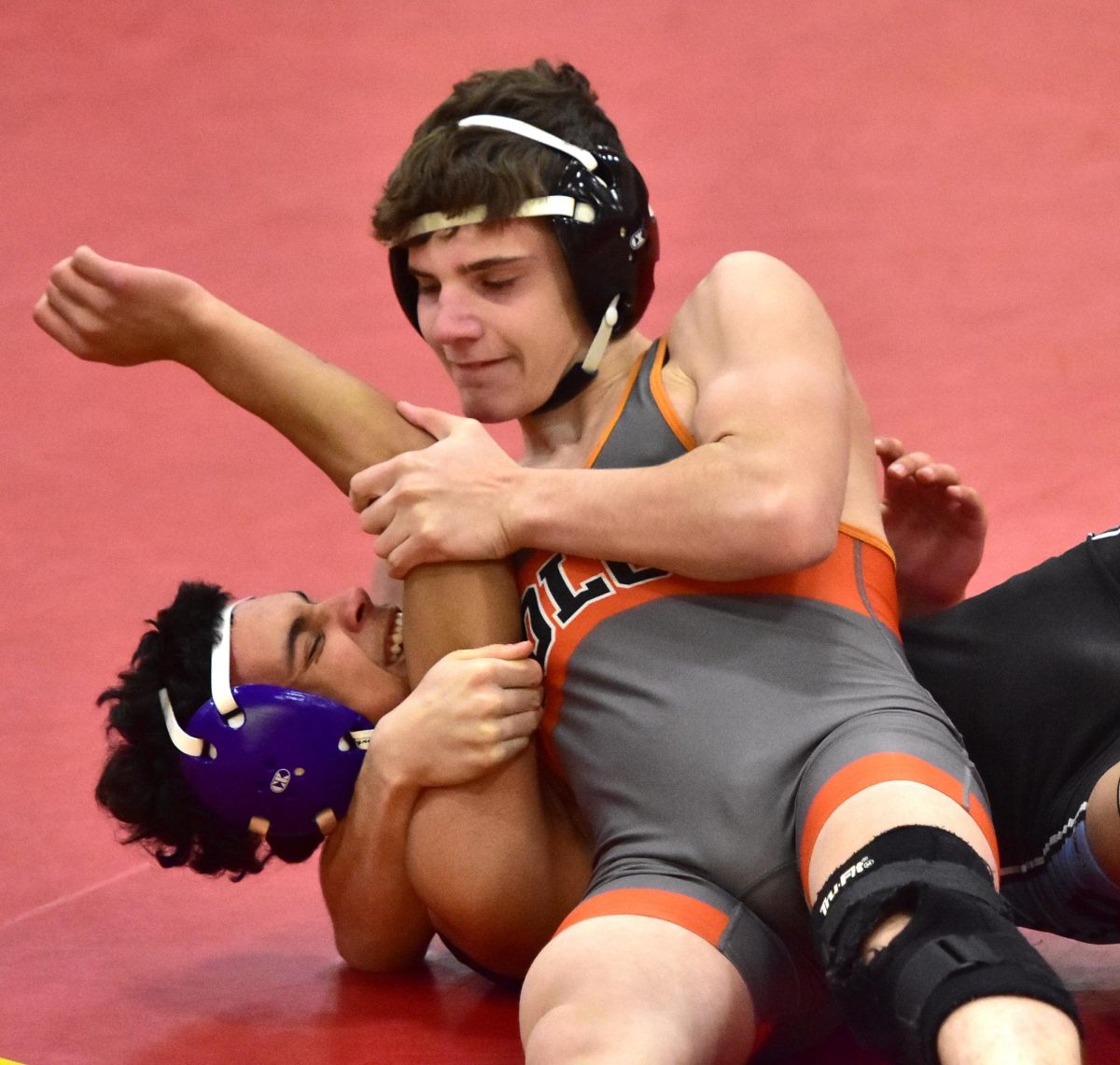 Jayden Steapp pins South Tama’s Henri Martinez-Alvarado in a 120 pound match Thursday, Jan. 9 at Marion HS. Steapp got the pin in 40 seconds.