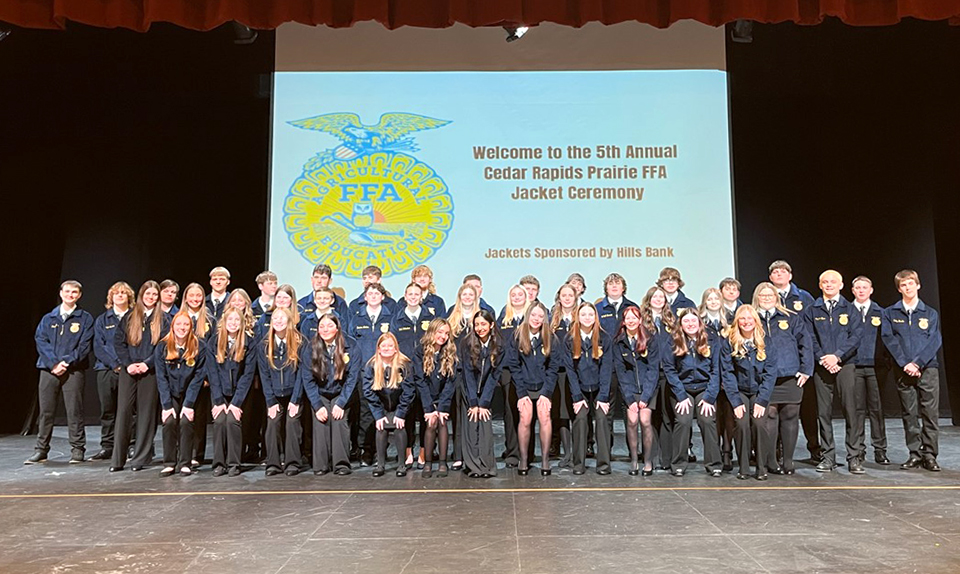 18 Solon High School students were among 51 members of the Cedar Rapids Prairie HS FFA Chapter who received their traditional blue FFA jackets Tuesday, Jan. 28 during a ceremony at Prairie. (Kristy Thomann | Contributed photo)