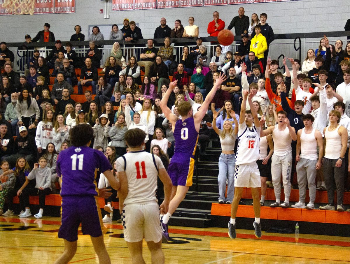 Grant Gordon heaves up a three from the corner that breaks the tie in overtime and sends the Spartan faithful into a frenzy last Thursday (Feb. 27) in a Class 3A Substate 3 semifinal game against the Nevada Cubs.