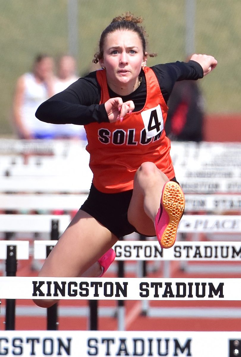 Mia Stahle brings the anchor leg of the varsity shuttle hurdle relay to a third place finish in 1:09.54 during CR Jefferson’s 2024 J-Hawk Relays at Kingston Stadium in Cedar Rapids.