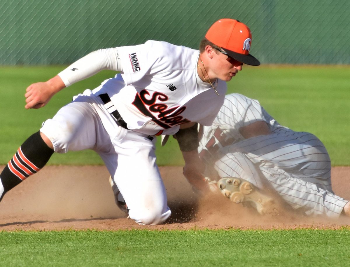 Maddox Kelley, a freshman last season, makes a tag at second base in game one of a home doubleheader against Independence Thursday, May 23, 2024.
Kelley returns to the line-up as an infielder and pitcher with a .333 batting average with ten doubles, one home run, and 14 stolen bases.