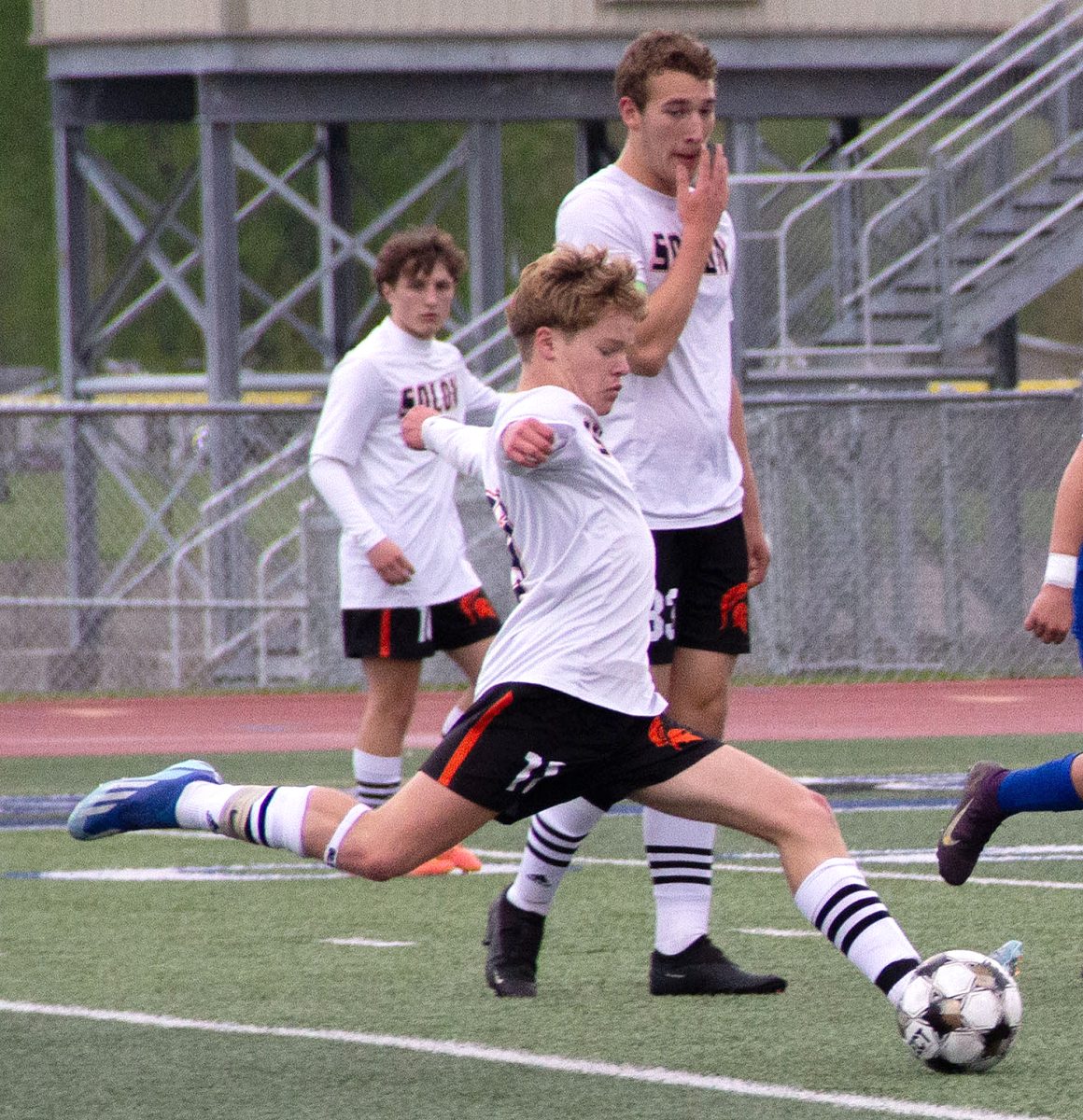 Caden Mai (11), a junior, takes a shot against Clear Creek Amana (CCA) Friday, May 2 in Tiffin. The Clippers sank the Spartans 1-0.