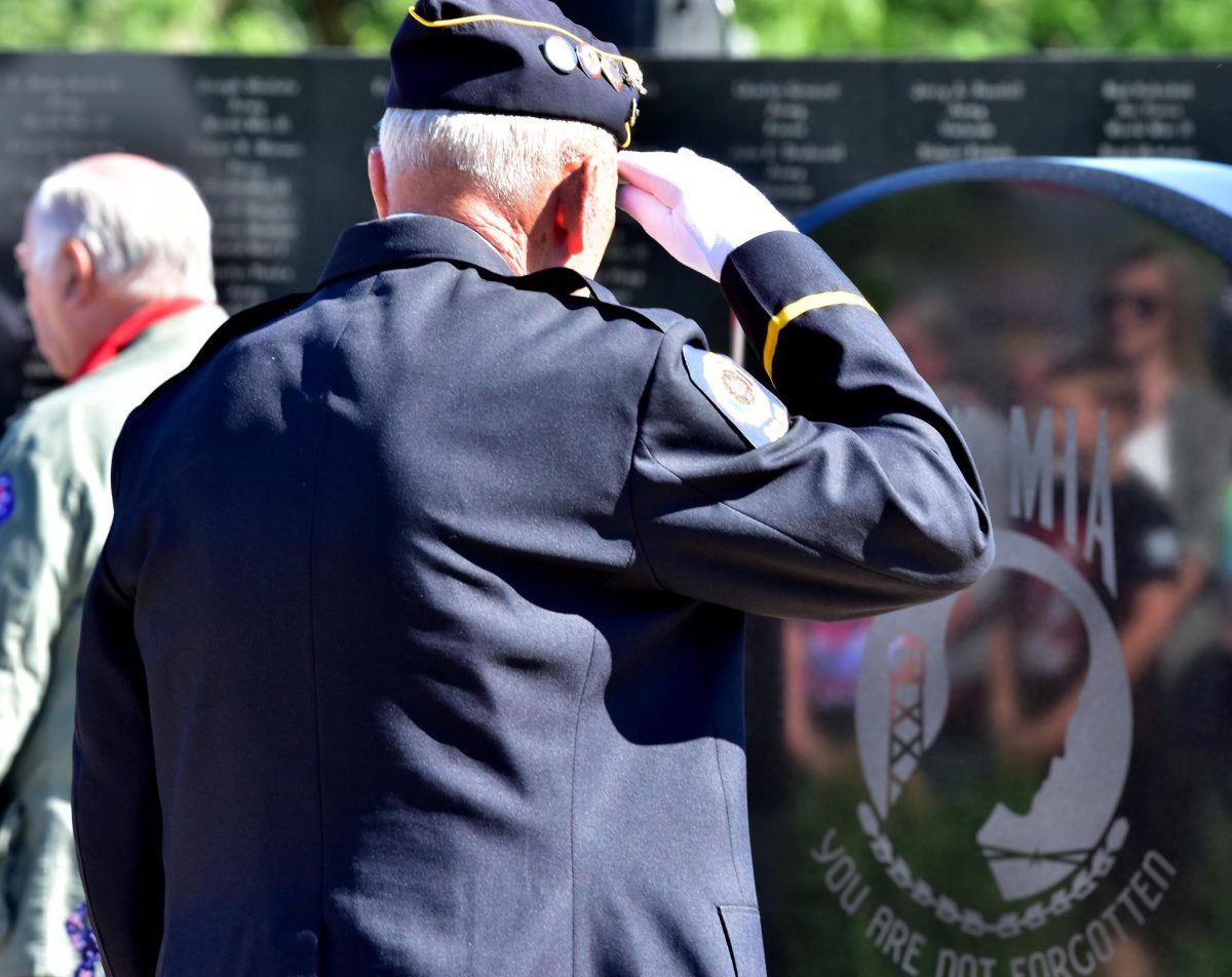 Solon American Legion Stinocher Post 460 member Bill Meyer salutes during the 2024 Memorial Day ceremony at
the all veterans memorial site in Solon.