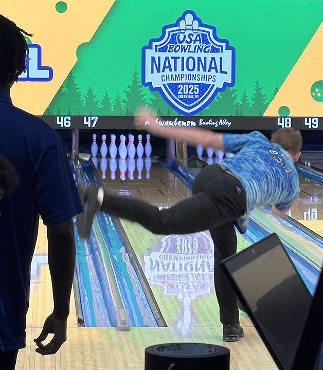 Carson Reid, a 2025 Solon High School graduate, gives a thumbs up while competing in the USBC Junior Gold Bowling Championships in Green Bay, Wisconsin. Reid picked up his first perfect game (300 score) in his fifth round of competition in the tournament.