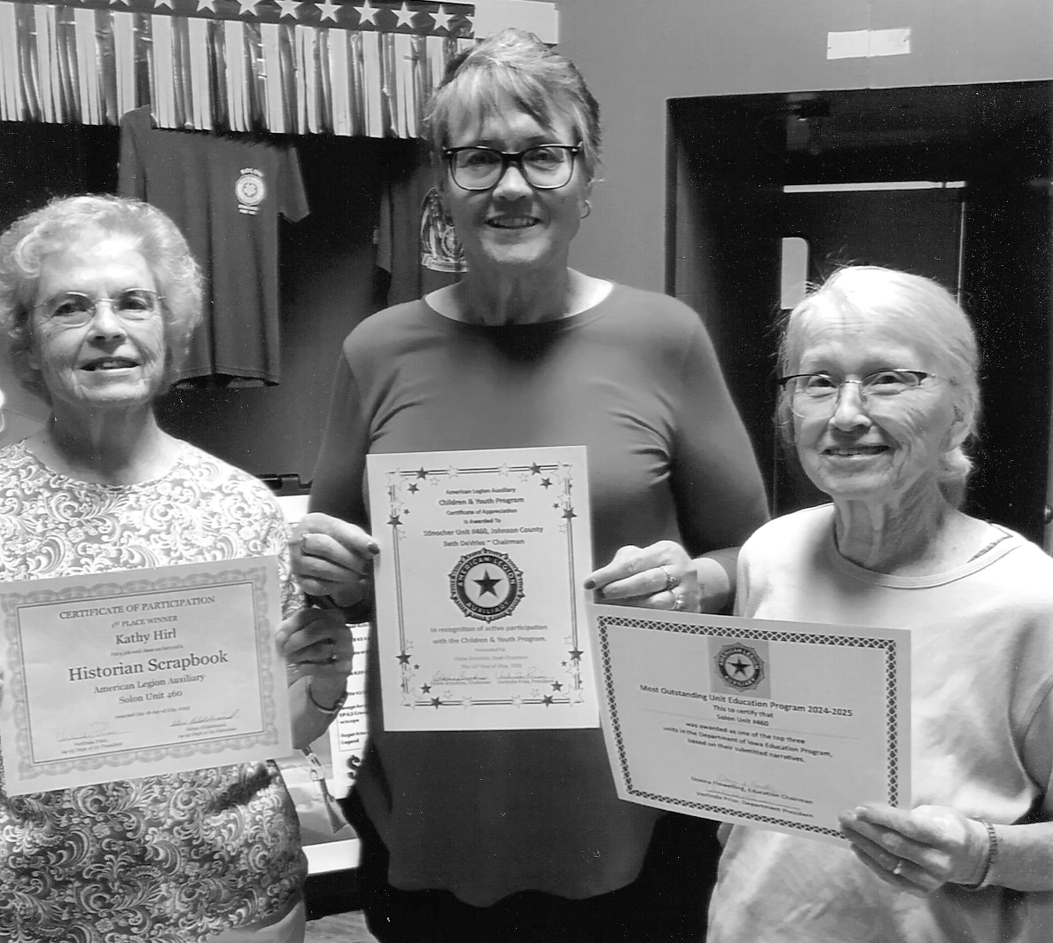 (From left) Kathy Hirl – Unit Historian, Patti Mullnix – Unit President, and Linda Linderbaum – Education Chair, attended the 104th annual Department Convention of the Iowa American Legion in Des Moines last month and brought home three awards.