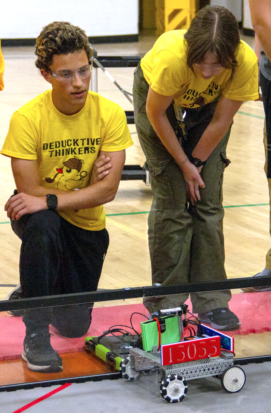 Rene Meza, a member of Solon Robotics, observes the arena seconds before a scrimmage competition begins Thursday, October 24, 2024, at the Solon Community Center.